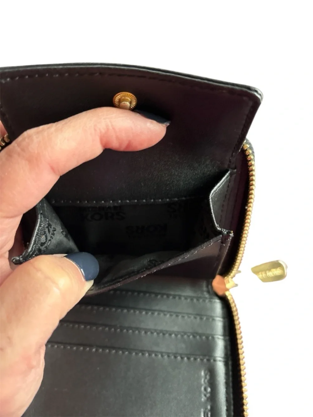 Michael Kors Black Monogram Zip Around Wallet with Gold Hardware